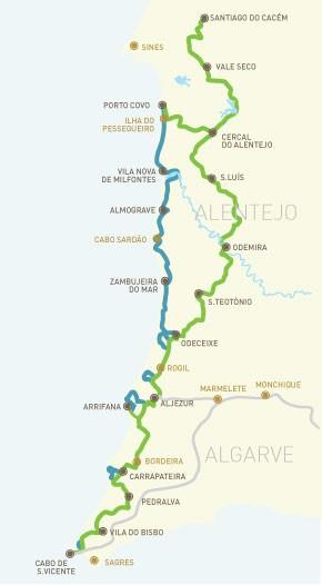 Figura 15. Localização geográfica dos percursos pedestres Caminho Histórico e do Trilho dos Pescadores integrados na Rota Vicentina Fonte: www.rotavicentina.