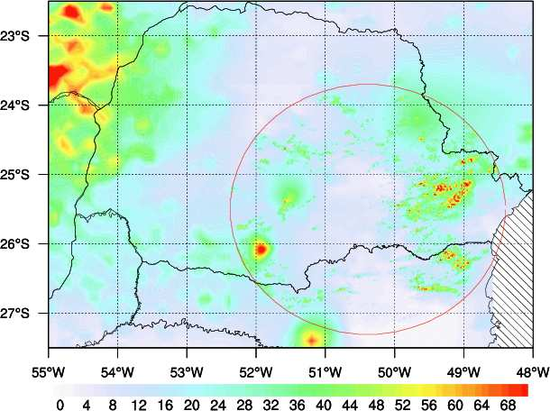 a b c d Figura 2: Precipitação acumulada diária estimada por radar e satélite, interpolação dos dados de pluviômetros e o campo do SIPREC (Sistema