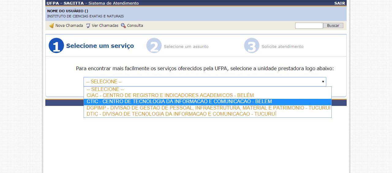 No topo ao lado esquerdo, fica identificado o nome do usuário e a lotação do usuário que está conectado no momento.