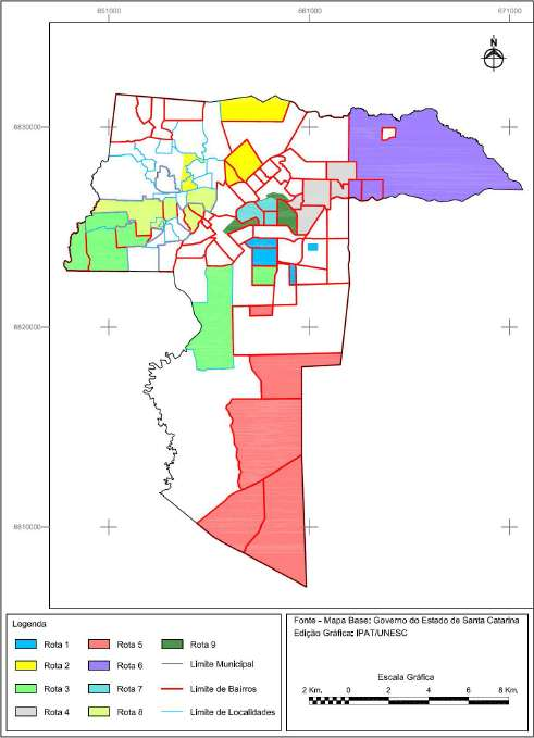 Figura 3: Localização espacial das rotas com seus respectivos bairros/localidades. Fonte: IPAT/UNESC, 2013.