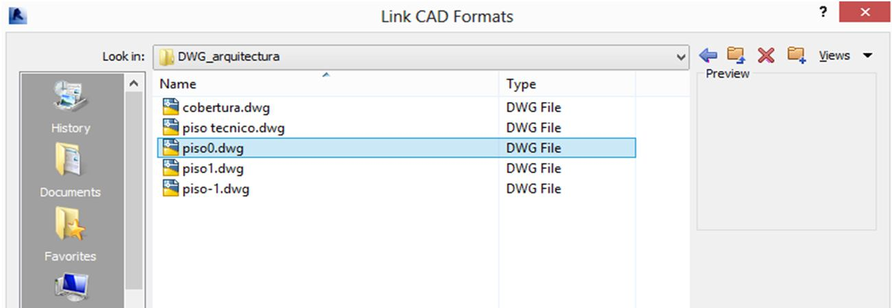 Figura 13 Tabela das opções de inserção de ficheiros com formato dwg no Revit Importados os ficheiros que servem de base à modelação são representados os alinhamentos de apoio em planta, as grids