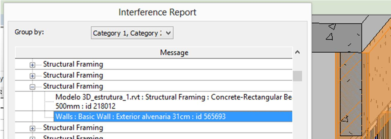 O Revit irá devolver um relatório com as interferências encontradas, sendo possível ver os elementos em questão