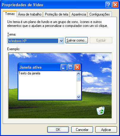 A tela de Propriedades de Vídeo será aberta, onde poderemos alterar a aparência do nosso ambiente de trabalho: Abas 4. Clique na Aba Tema 5. Mude o tema para: Tema clássico do Windows 6.