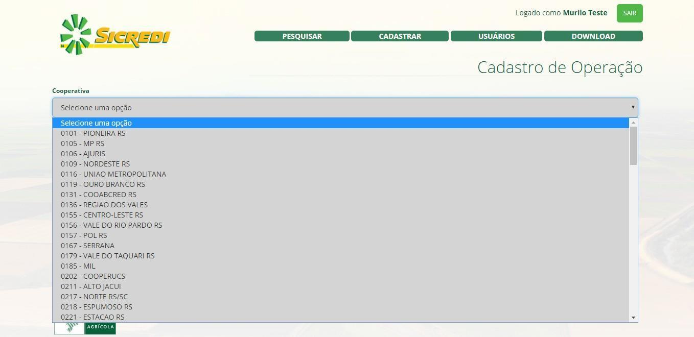 Para iniciar o cadastro de uma operação basta clicar em CADASTRAR O usuário é direcionado a página