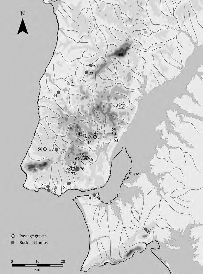 Fig. 1 Antas e grutas artificiais nas penínsulas de Lisboa e Setúbal, 3.º milénio a.n.e. Cartografia Maia Langley, encomendada por UNIARQ.