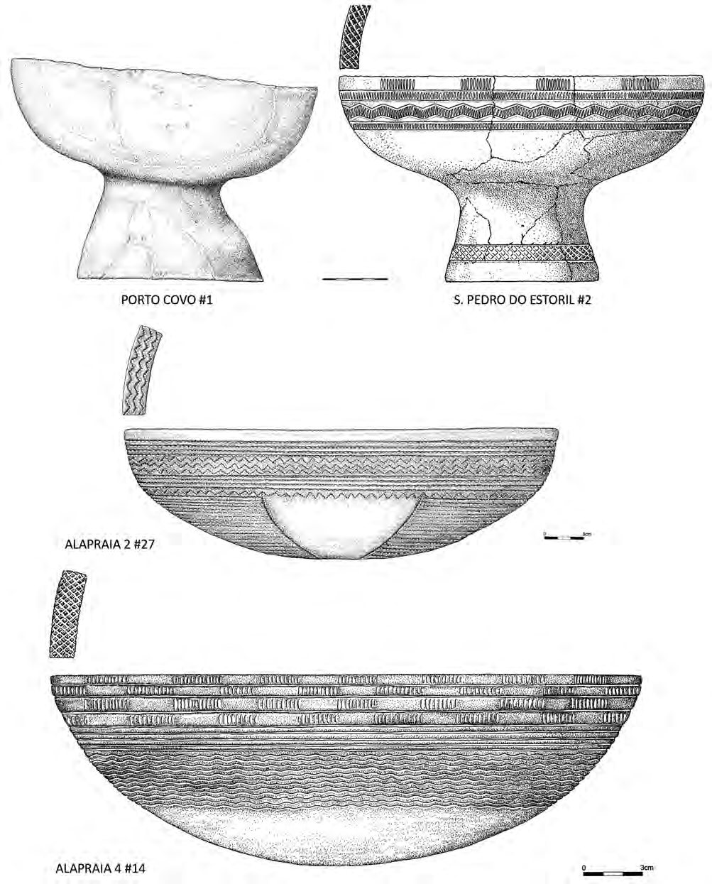 Fig. 9 Taças com pé, lisa e decorada (Porto Covo e S.