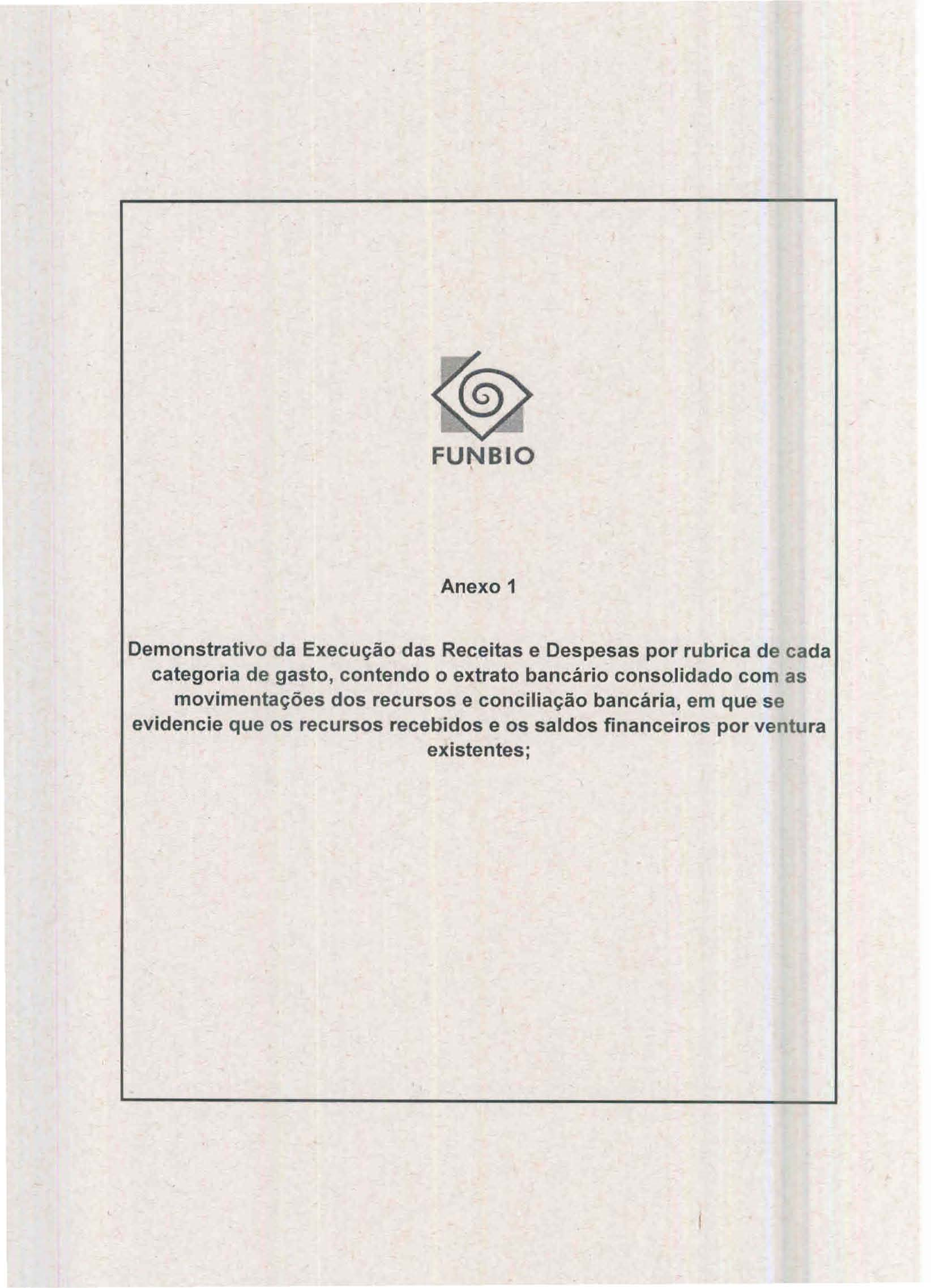 FUNBIO Anexo 1 Demonstrativo da Execução das Receitas e Despesas por rubrica de cada categoria de gasto, contendo o extrato bancário consolidado