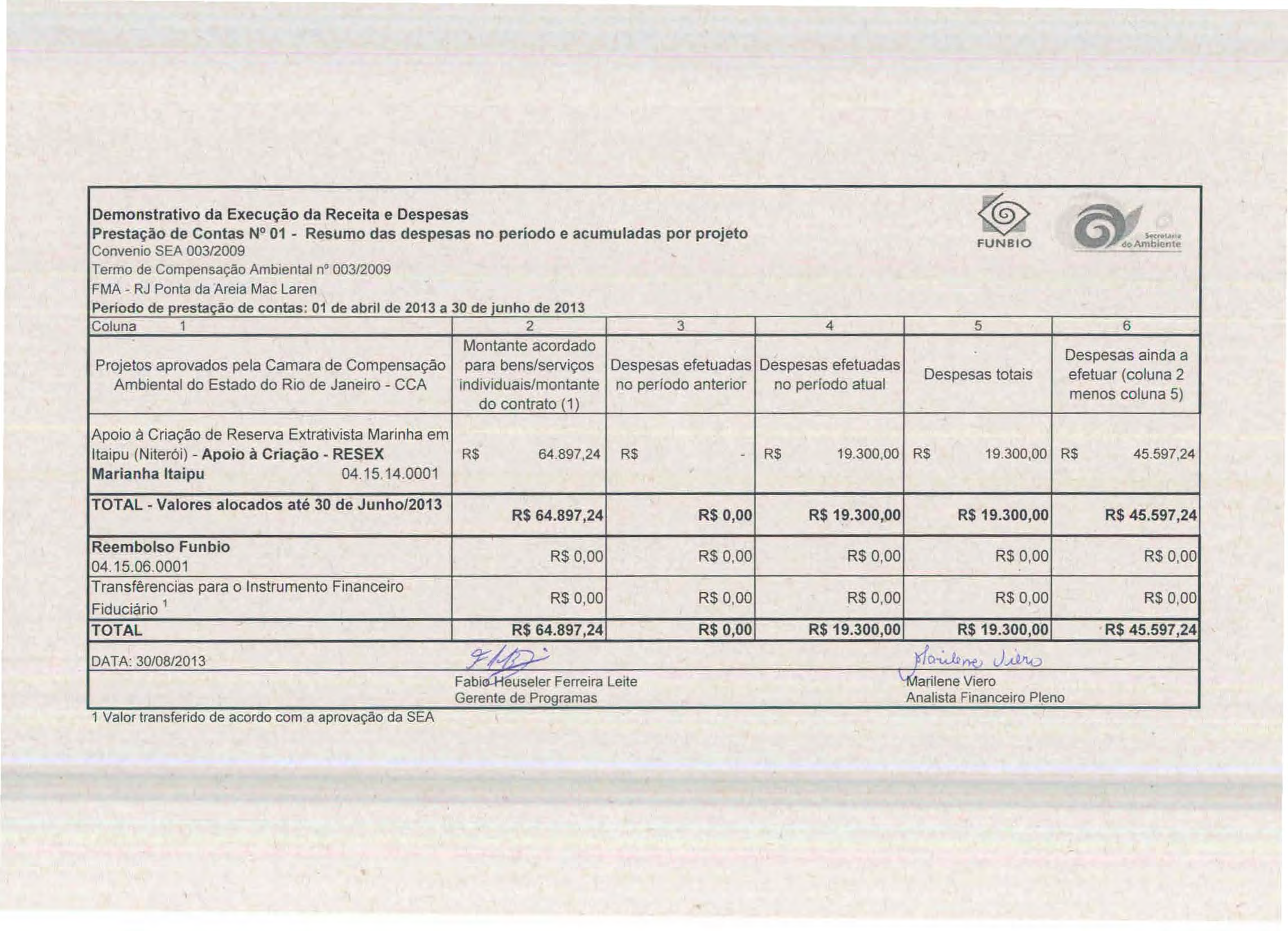 G)g..,_. Demonstrativo da Execução da Receita e Despesas Prestação de Contas N' 01 - Resumo das despesas no período e acumuladas por projeto ~ FUN810 d~ambkmt.