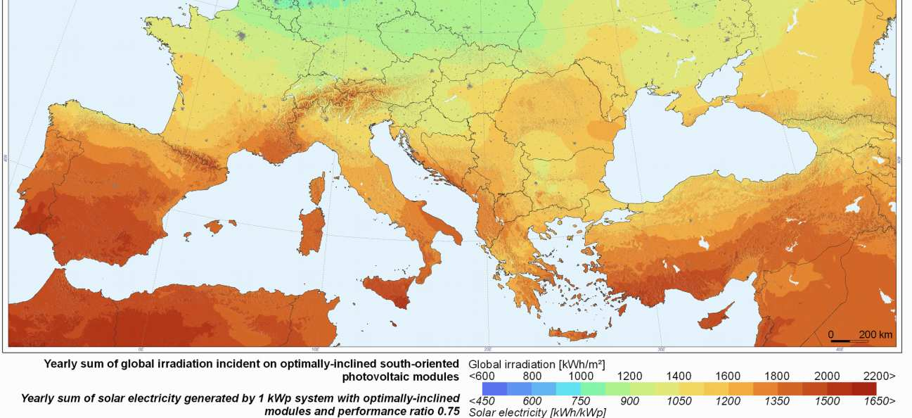 1 Potencial de energia solar fotovoltaica nos países europeus [14].