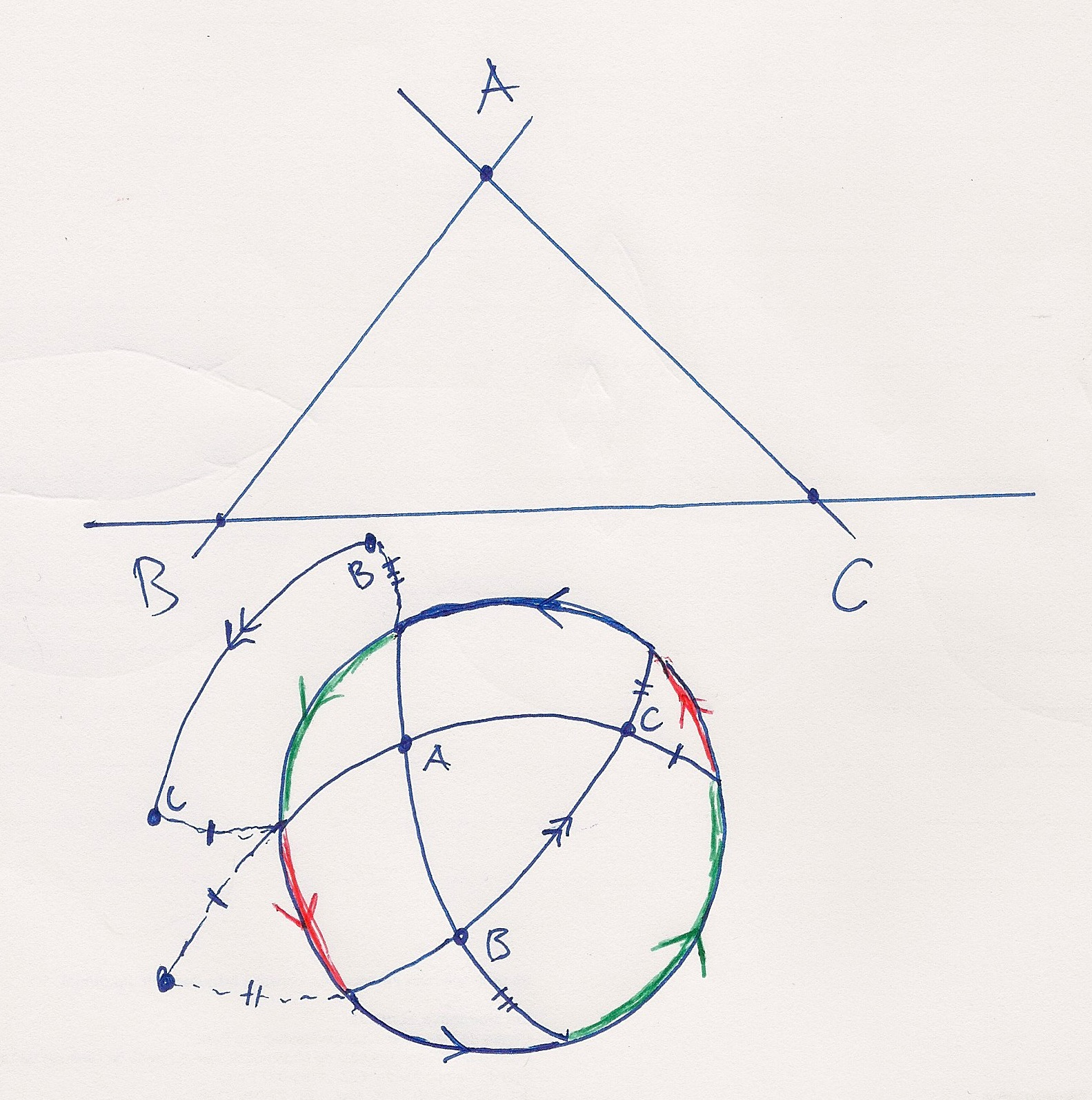 GEOMETRIA PROJETIVA 11 Figura 12. Triângulo no plano projetivo Figura 13. Triângulos em perspetiva central e axial Teorema 6.7 (Desargues no espaço).