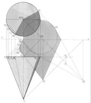 Consideremos agora a próxima figura, em que um cone com base assente num plano de nível produz sombra em ambos os planos de projecção. A cota do vértice do cone é superior à cota da sua base. Fig.