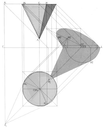 Analisemos agora uma situação diferente, em que o plano da base do cone é de frente e o afastamento do vértice é menor do que o da base: Fig.