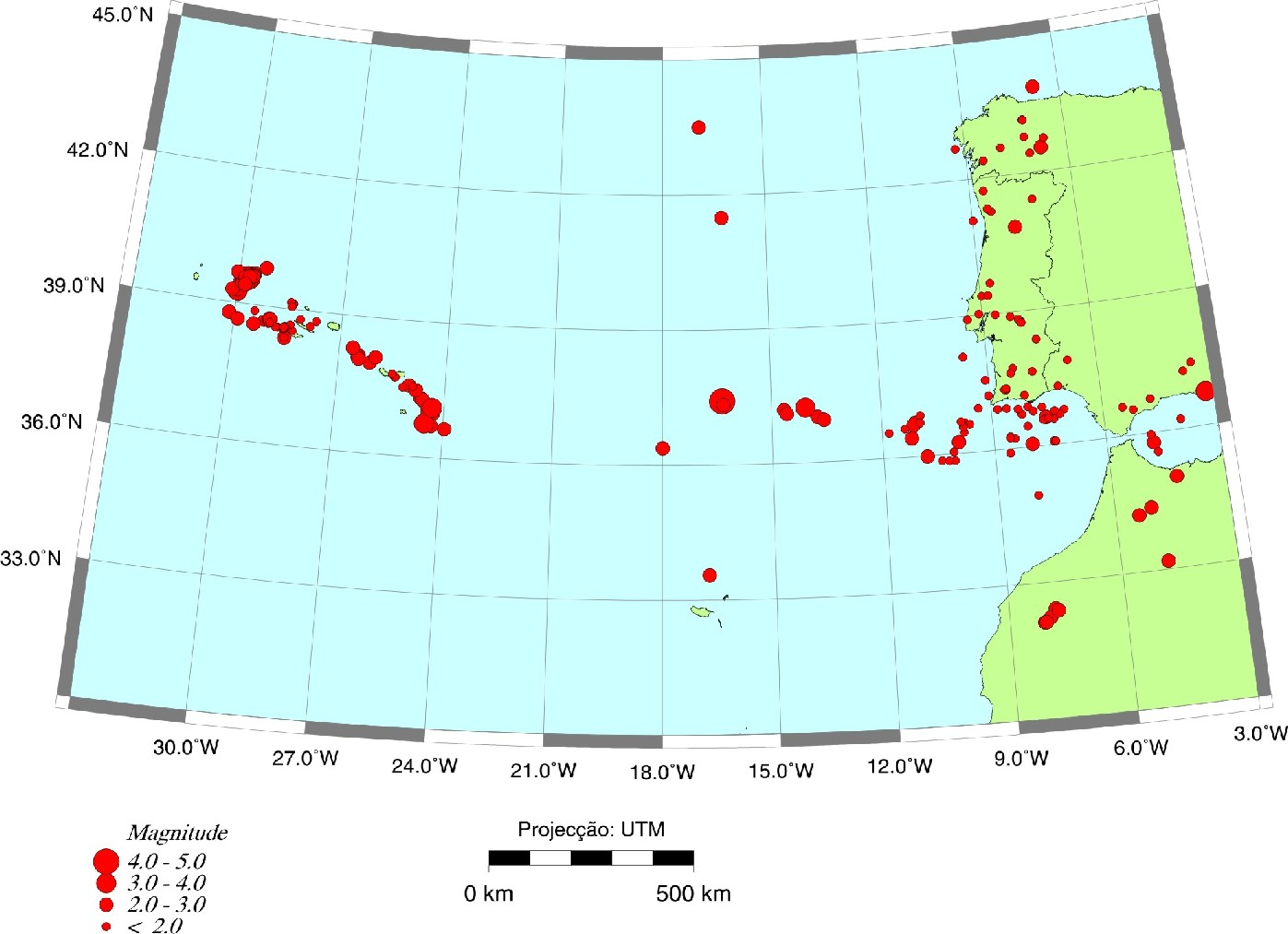 Mapa de sismicidade Açores-Madeira-Gibraltar registada pela Rede Sísmica Nacional no período de 2/ 9/ - 2/ 9/ 3.