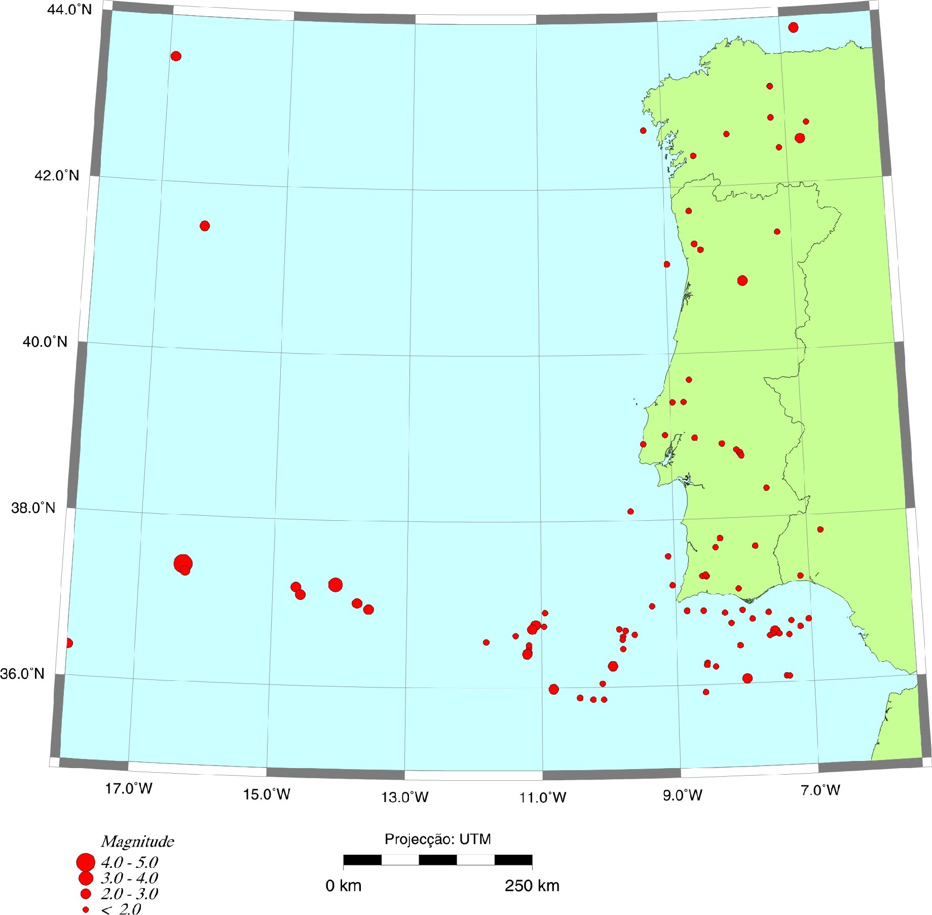 Na Figura 3 apresenta-se o mapa de sismicidade do continente e área adjacente. A maior parte desta sismicidade (designada sismicidade interplacas) ocorreu a SW e SE do Cabo S.