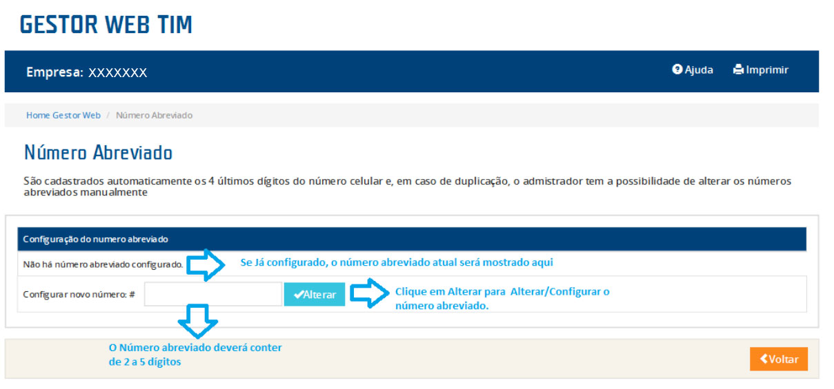 Para configurar ou alterar um número abreviado, basta clicar em Configurar ou no número configurado, por exemplo #1234.