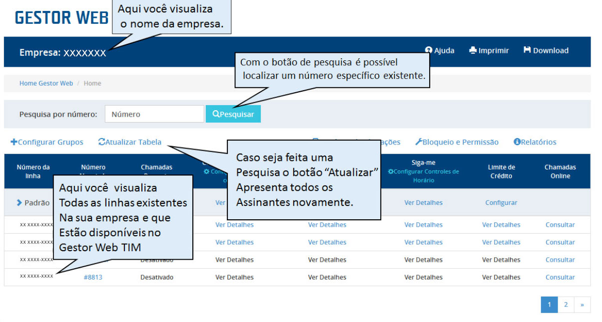 O administrador de contrato, a partir deste menu principal, pode configurar as linhas que possuem o serviço Gestor