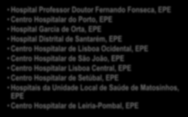 Central, EPE Centro Hospitalar de Setúbal, EPE Hospitais da Unidade Local de Saúde de Matosinhos, EPE Centro Hospitalar de Leiria-Pombal, EPE O universo de análise é constituído por um total de 51