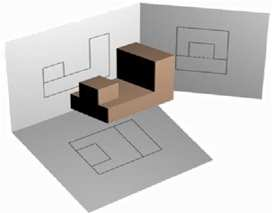 De inicio, institui-se o plano lateral de projeção, de modo que, além de se ter o objeto visto de cima e de frente, ele também seja visto