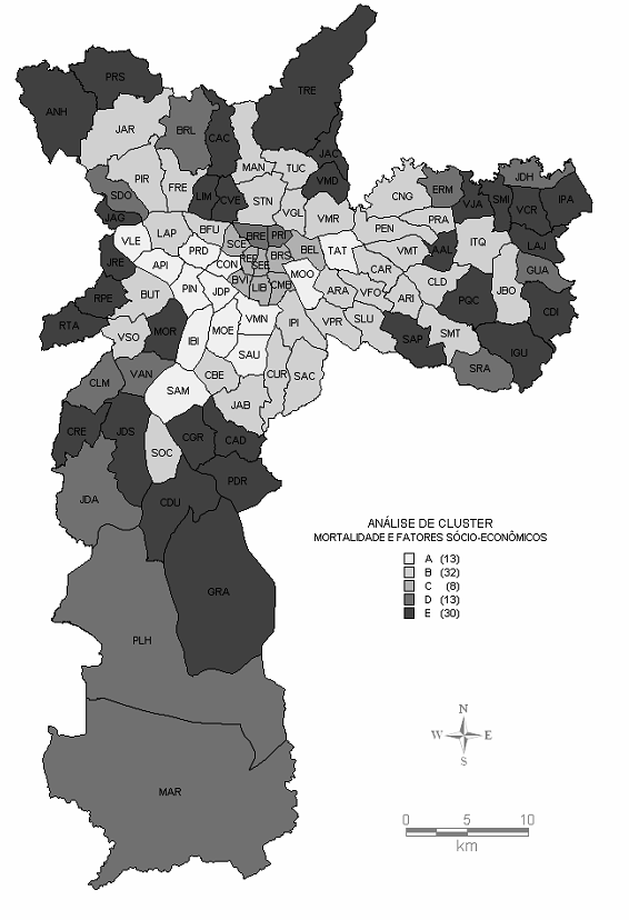 CAPÍTULO 3 FIGURA 1 Mapeamento dos agrupamentos pela taxa de mortalidade por AVC e fatores socioeconômicos (% de nível