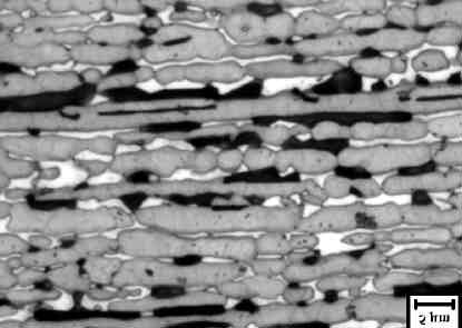 Nota-se morfologia lamelar de sigma e austenita, no centro da micrografia. Ataque: Behara modificado [8].