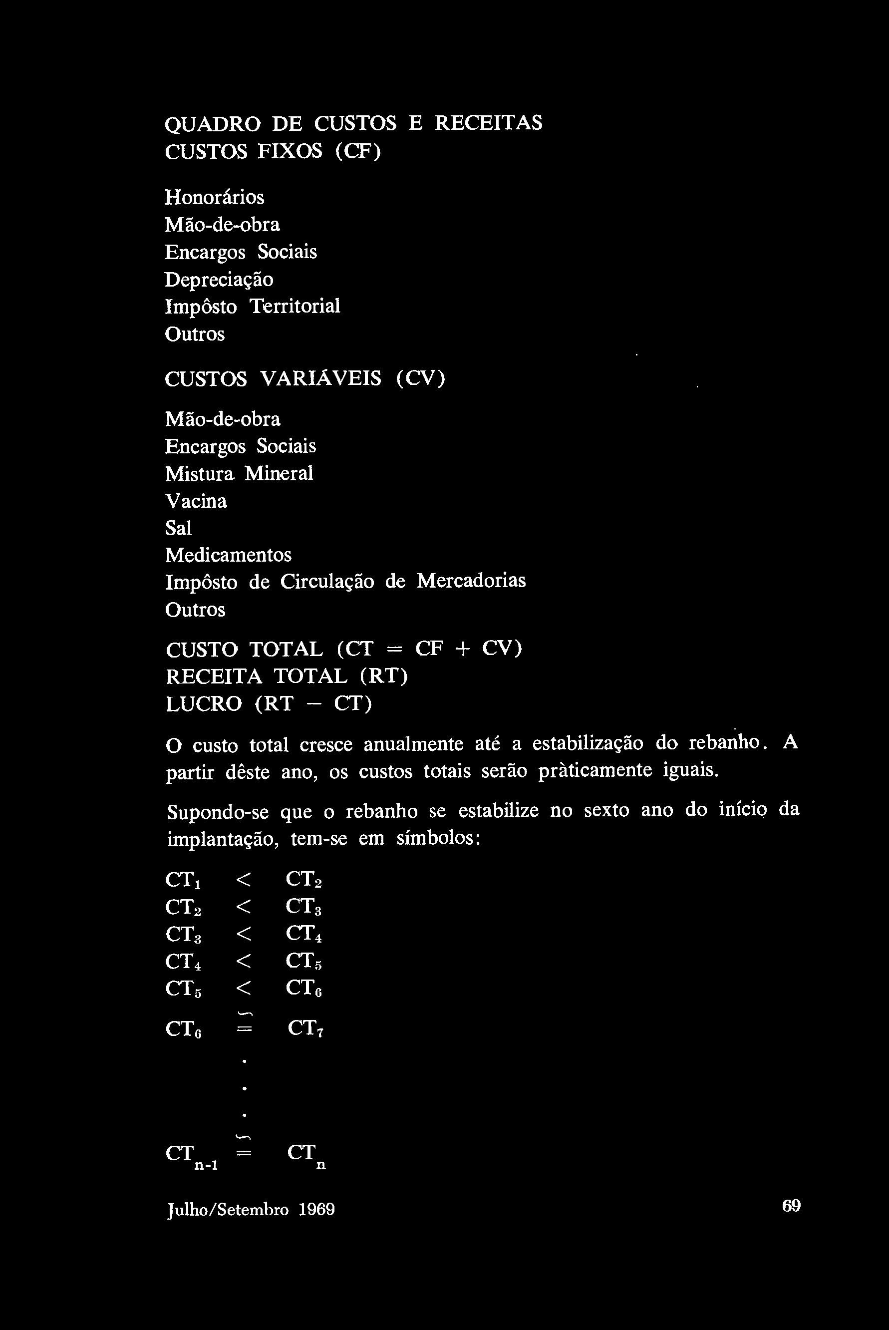 QUADRO DE CUSTOS E RECEITAS CUSTOS FIXOS (CF) Hnráris Mã-de-bra Encargs Sciais Depreciaçã Impôst Territrial Outrs CUSTOS VARIÁVEIS (CV) Mã-de-bra Encargs Sciais Mistura Mineral Vacina Sal Medicaments