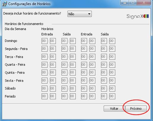 Em seguida temos a tela de configuração de horários, por padrão ela vem habilitada com não para não administrar o