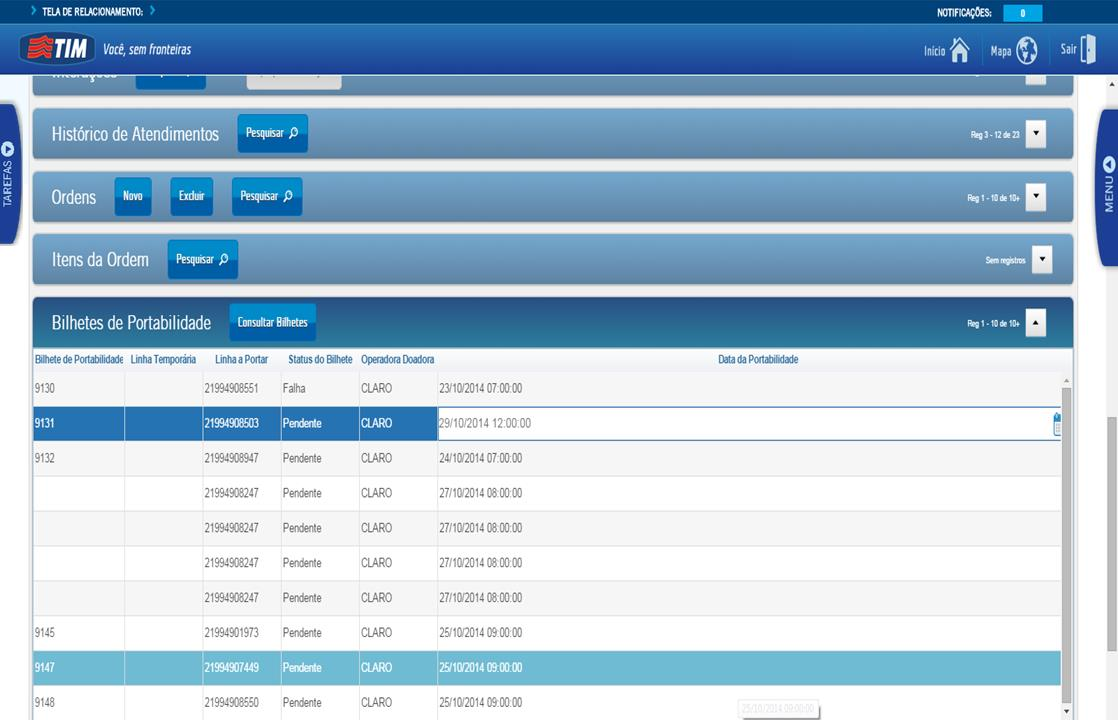 Reagendar Bilhete de Portabilidade O Siebel exibe o bilhete com o status de Pendente e a nova data no campo