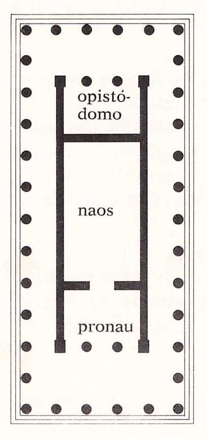 A planta de um templo grego é formada por um núcleo ao centro com: pronau, pelo naos (local