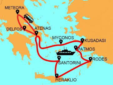 bebidas ilimitadas durante o cruzeiro Circuito de 2 dias a Delfos e Meteora com meia pensão em hotéis de 3* ou 4* Todos os traslados conforme o itinerário (4) 3ª FEIRA: KUSADASI - PATMOS O navio