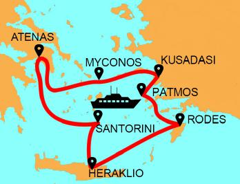 2 noites de hotel em Atenas 3 noites de hotel em Myconos 3 noites de hotel em Santorini Trajeto Pireus-Myconos a bordo de cruzeiro (sem camarote) Cruzeiro de 4 dias/3 noites pelas Ilhas Gregas e