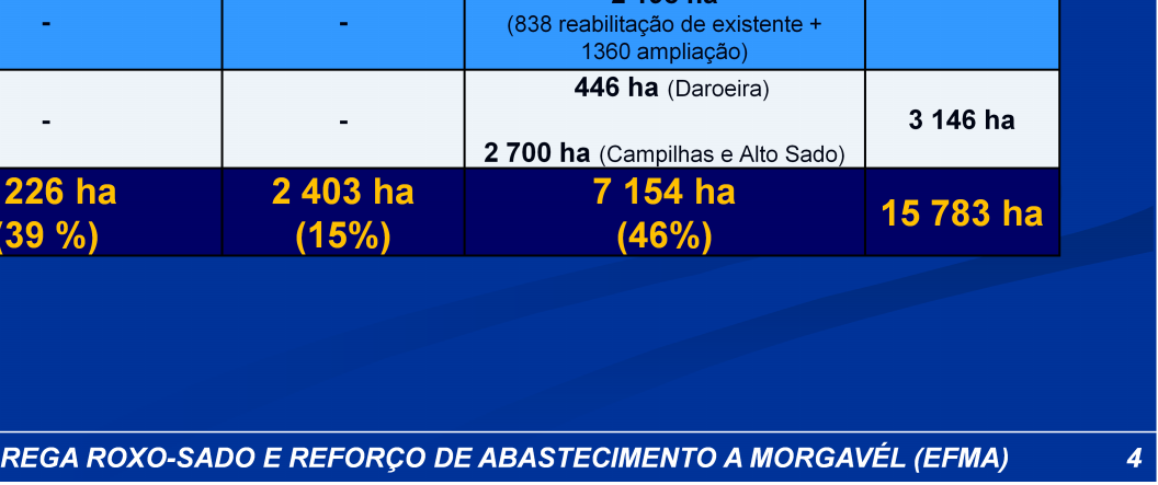 932 ha Reabilitação do Bloco 3 do Roxo Reforço a perímetros existentes Total (Ermidas) 7 116 ha 2 198 ha (838 reabilitação de existente + 1360 ampliação) 446 ha (Daroeira) 3