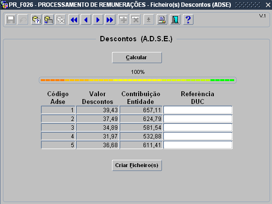 Após premir o botão OK, surgirão no ecrã os valores dos descontos por cada código ADSE: Quando não estiverem visíveis no ecrã todos os códigos ADSE do serviço poderão ser utilizados os botões de