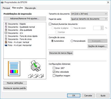 Seleção das opções de leiaute e impressão - Windows Você pode selecionar uma variedade de opções adicionais de leiaute e impressão para seus documentos ou fotos na guia Mais opções. 1.
