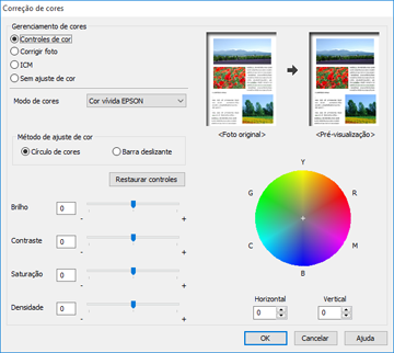 Controles de cor Permite que selecione um Modo de cores, configurações individuais para Brilho, Contraste, Saturação e Densidade, e tons de cor individuais.