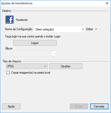 Você verá uma janela como esta: Observação: Se já tiver configurado uma conta do Facebook no Easy Photo Scan, você pode selecionar o Nome da Configuração ou o Nome do destino para a conta, clicar em