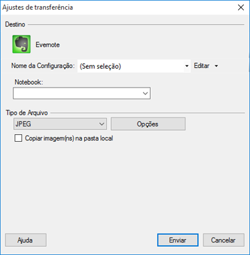 Você verá uma janela como esta: Observação: Se já tiver configurado uma conta do Evernote no Easy Photo Scan, você pode selecionar o Nome da Configuração ou o Nome do destino para a conta e clicar em