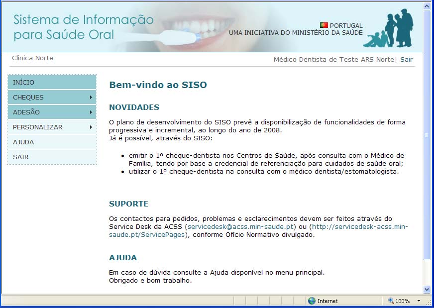 2.2 Página inicial A página inicial identifica o utilizador activo, local de trabalho