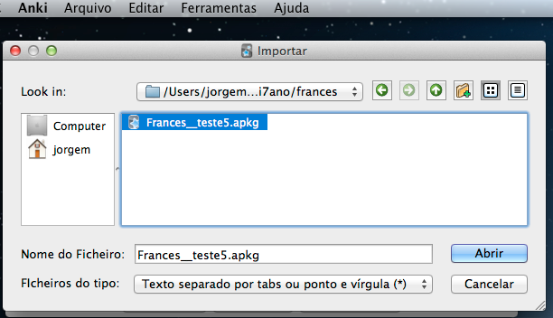 Exemplo: Importar o baralho Frances teste5.apkg mos do Facebook. Com a aplicação aberta clicar no menu Arquivo e selecionar "Importar".