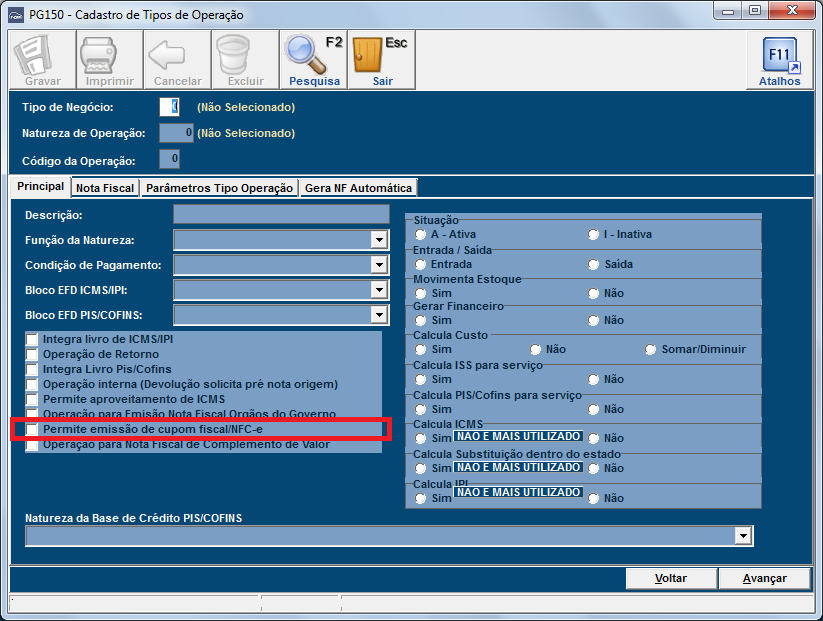 Figura 6: Parâmetro que indica a Emissão de NFC-e As telas onde é possível efetuar a emissão de notas fiscais para consumidor são: EP090 Controle de Pré-Notas (Controle de Peças EP > Notas Fiscais >