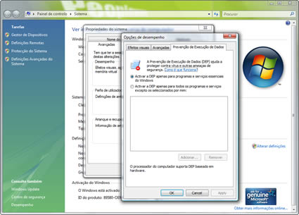 2. Se aparecer a caixa do User Account Control, clicar Continuar. 3. Se a mensagem no fundo disser que o sistema suporta DEP e a aparecer a opção "Activar a DEP.