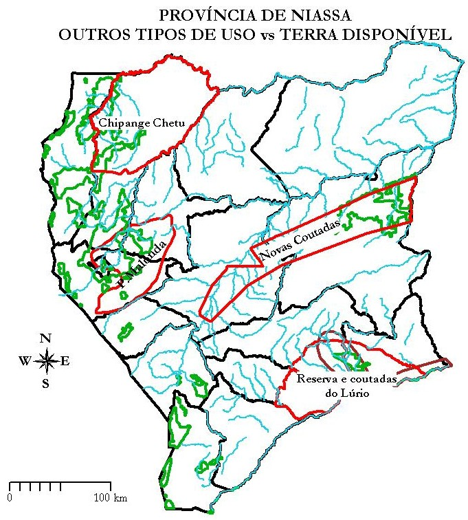 Terra Disponível (polígonos em verde) vs Outros critérios de exclusão (polígonos em vermelho) Novas coutadas propostas a Sul do Bloco C da Reserva do Niassa, Reserva da bacia do Lúrio (cobrindo o