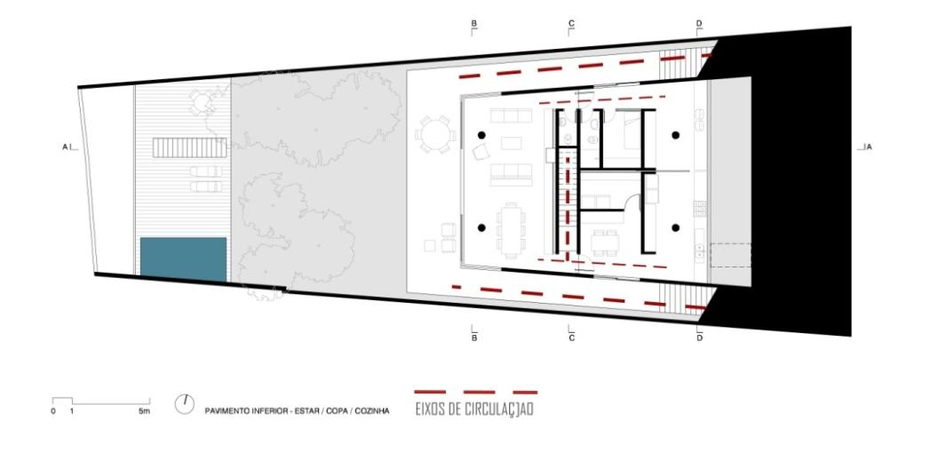 Figura 7: Esquema de circulação - Pavimento Inferior Casa em Pinheiros.SP. 2009.