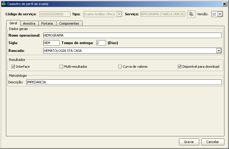 Interfaceado: Exames que terão seus resultados liberados direto pelo equipamento de análises clinicas para o módulo do sistema hospitalar; Multi-resultados (*): Exames que podem possuir mais de um