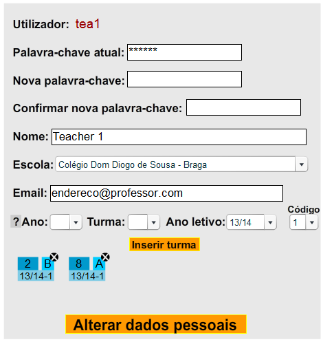 Digite a palavra-chave, sem a qual as mudanças não são gravadas no sistema; Atribua um ano (1-9) e uma letra (A-Z) (por exemplo, 8B) à turma; Especifique o ano letivo da turma (leia as observações*);