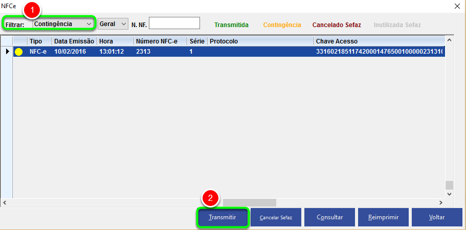 3. Selecione a NFC-e que deseja enviar para a SEFAZ 1) É possível filtrar apenas as NFC-e que foram emitidas em contingência. 2) O botão "Transmitir" envia para a SEFAZ a NFC-e selecionada.