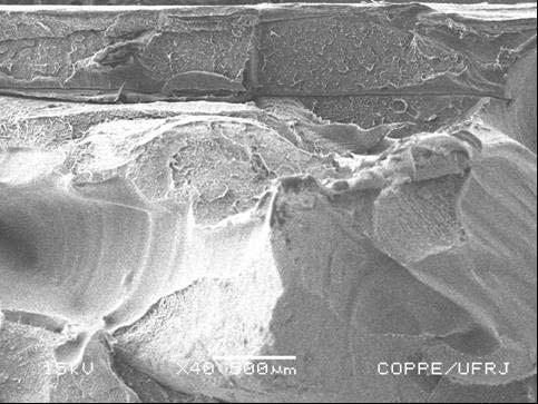 Figura 5: Micrografia da superfície de fratura de um corpo de prova com 0% de tecido de juta. O aspecto da região de fratura de corpos de prova com 30 e 40% de tecido de juta é apresentado nas Fig.