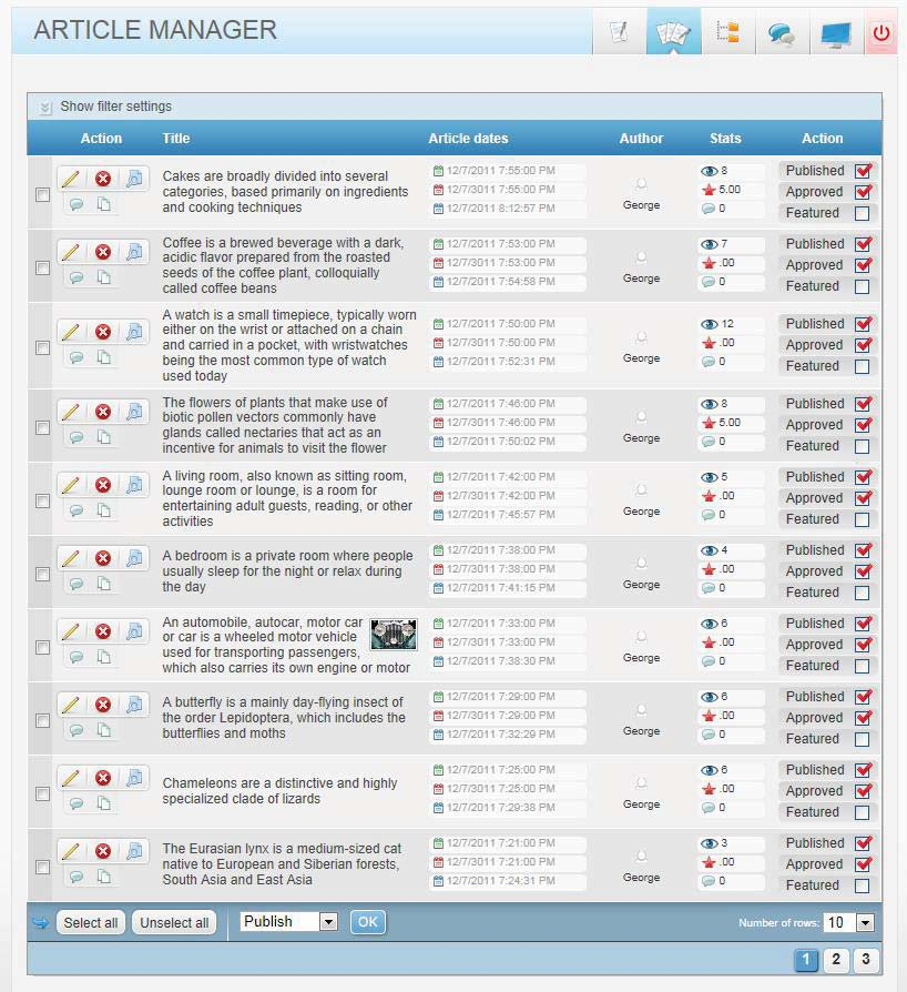 Article manager (Gerenciador de artigos) Article Manager mostra todos os artigos publicados e salvos.