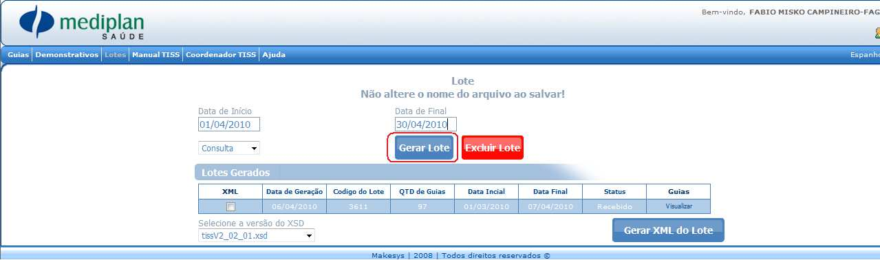 abaixo imagem para o melhor entendimento: Agora para gerar o XML do lote você deve selecionar o lote gerado e clicar no botão do seu lado direito