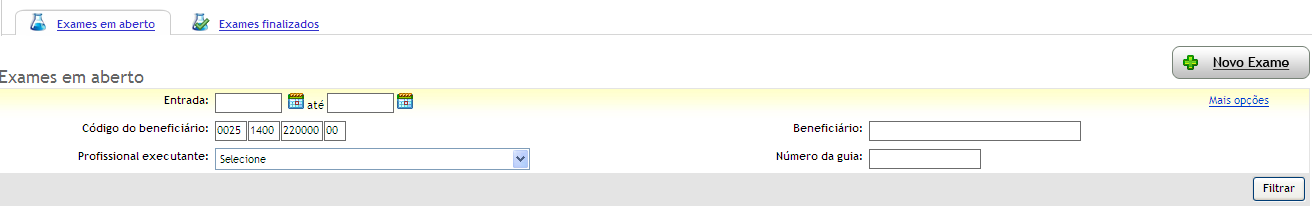 Na aba Exames em aberto, é possível realizar filtros para procurar as guias capturadas.