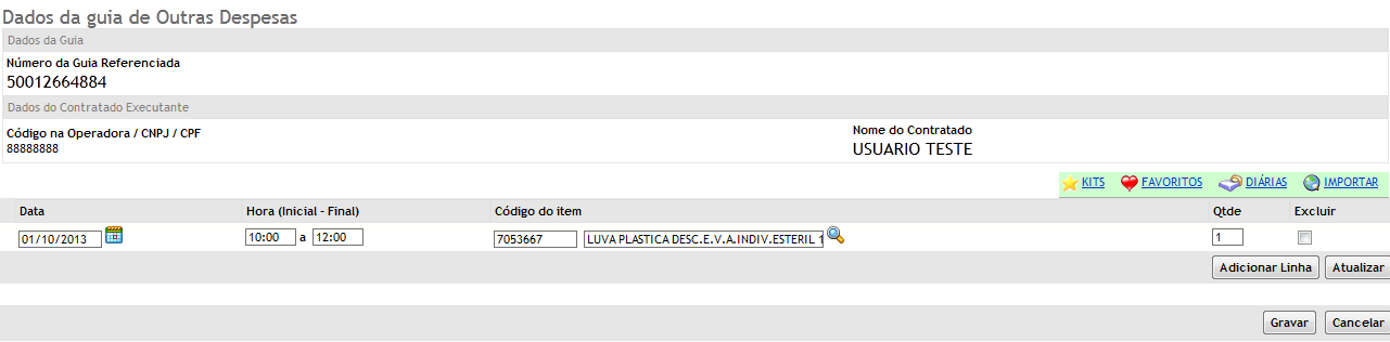 Outras Despesas Para adicionar outras despesas/insumos utilizados durante a realização do